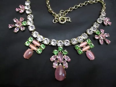 Vintage Statement J CREW Pink Cats Eye Rhinestone Glass Beaded FLOWER Necklace • $21.99