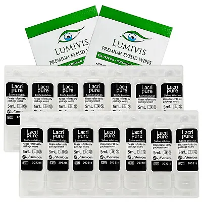 Menicon LacriPure Saline Solution 14 Vials Bundle With Tea Tree Oil Eyelid Wipes • $29.03