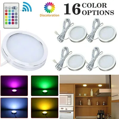 4x Under Cabinet Lights RGB LED Kitchen Counter Closet Puck Shelf Display Remote • £17.59