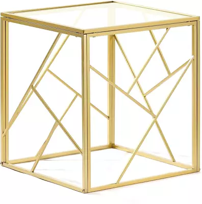 20 Inch Modern Glass End Table Small Square Side Table With Geometric Metal Fra • $108.36