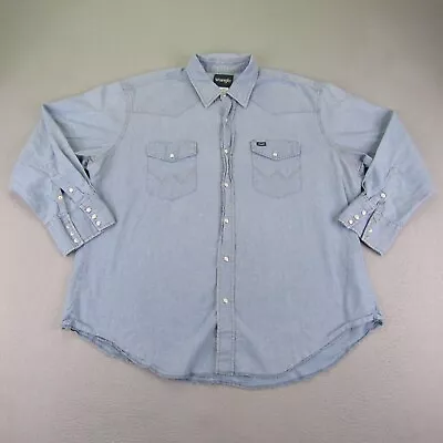 Vintage Wrangler Shirt Mens XXL Blue Chambray Country Western Pearl Snap Rodeo ^ • $29.97