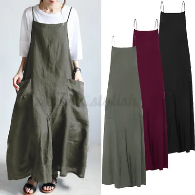 2024 Womens Summer Fashion Solid Dungaree Dress Square Neck Long Maxi Sundress • $24.28