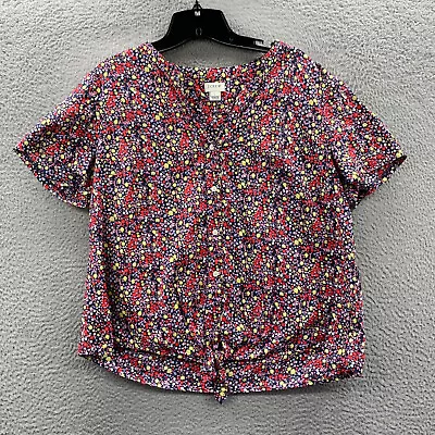 J Crew Shirt Womens Large Button Up Blouse Top Floral Short Sleeve Blue • $12.95