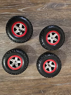 Traxxas 5873R S1-Racing Tires 2.2 Red & Satin-Chrome Wheels Rear: Slash 4x4 • $39.99