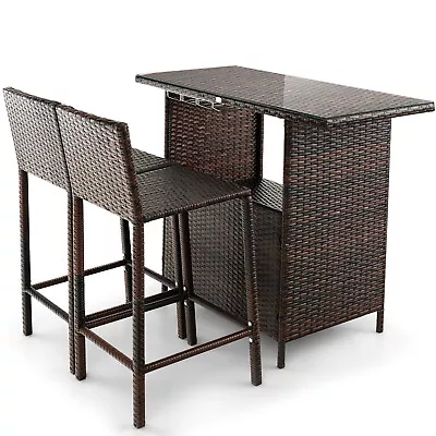 3PCS Wicker Bar Set Height Table 2 Stools W/3 Rows Stemware Racks Garden Patio • $207