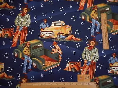 Alexander Henry Fabric 1/2 Yard Rodeo Pro Pin-Up Cowboy Men Navy Blue Cotton Vtg • $13.99