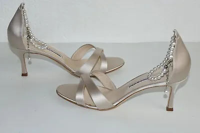 $845 NEW Manolo Blahnik Calla Pearl Satin Champagne Sandal Shoes 41.5  Wedding • $385