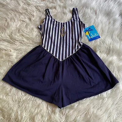 Vintage 80s Tahiti Nautical Sailor Swimsuit Romper Mini Skirt Playsuit NEW 11/12 • $49.99