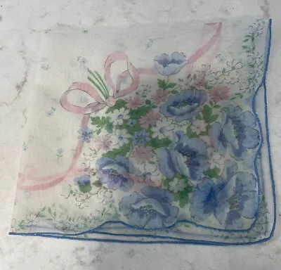 Vintage Sheer Ladies Hankerchief With Pink Ribbon Blue White & Pink Flowers • $5