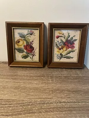 Vintage Wood Framed Needlepoint Set Of 2 Floral Pictures 6” X 4.5” • $25