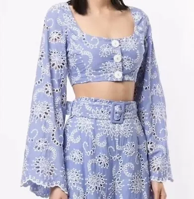 ALICE MCCALL BLUE Flared Sleeve Broderie Lace Crop Top Size 6AU 34EU OBSCURITY • $55