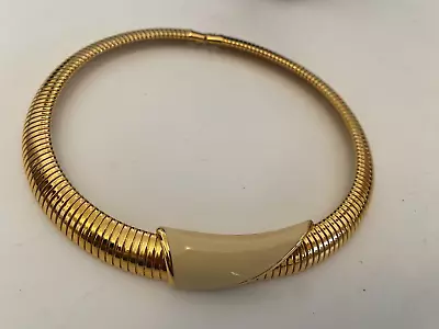 Vintage Monet Gold Tone Omega Choker Necklace Beige Enamel Slider • $12.50