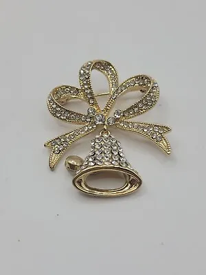 VTG Monet Bling Christmas Bell Brooch Pin Ribbon Rhinestones Holiday NICE • $8