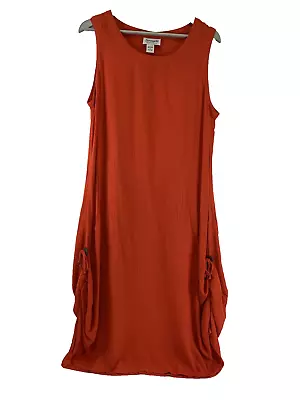 Serengeti Orange Rayon Dress Sleeveless Crinkle Ruched Tie Side Midi Women Large • $39