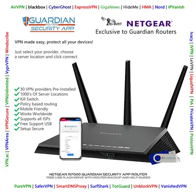 £289 • Buy Netgear R7000 Guardian App Router VPN Surfshark Nord PIA Ivacy Purchase Options
