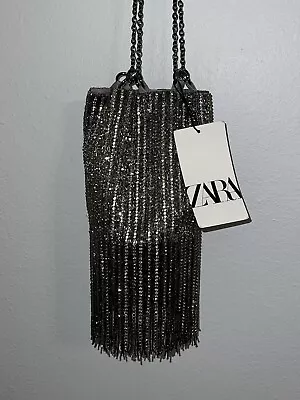 Zara Silver Diamond Beaded Fringed Mini Bucket Bag Brand New With Tags • £55.41