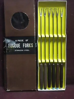 Vintage FONDUE FORKS 6 Pc Set Stainless Teak Wood Handles Color Tips W/Box Japan • $10