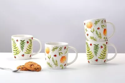4pc 355ml Floral Ladybird Coffee Mugs White Fine China Tea Hot Drink Cups GIFT • £13.49