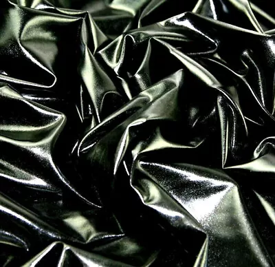 Wetlook BLACK METALLIC Mirror Foil Leather Look Spandex Stretch Fabric Material • £8.99