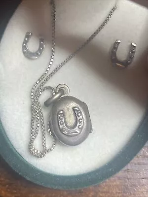 Antique Silver Lucky Horseshoe Opening Locket Necklace & Ear Rings All 925 - 4g • $17.66