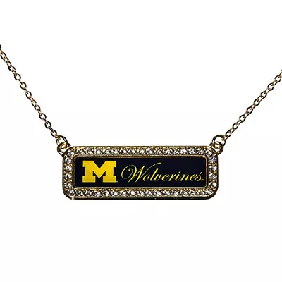 MICHIGAN WOLVERINES NECKLACE Jewelry Gold Tone Chain Rhinestone Pendant Charm • $11.99