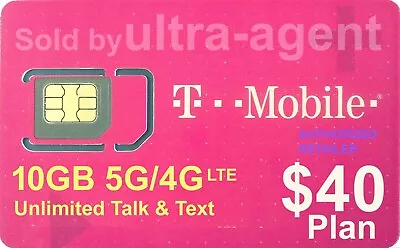 Preloaded T-Mobile SIM Card With Prepaid Plan $40 10GB 5G / 4G LTE  30 Days  • $24.75