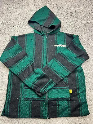 Poncho Hoodie Adult Medium Green Black Mexican Serape Artisanal Pockets Zip Up • $20.99