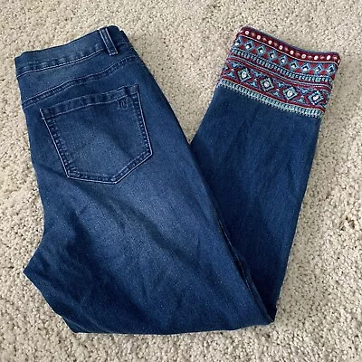 DG2 Diane Gilman Jeans Womens Stretch Embroidered Hems Cropped Blue Denim • $19.96