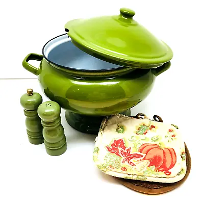Green Metal Soup Tureen With Salt And Pepper Shakers And Vintage Pot Holders. • $31.49
