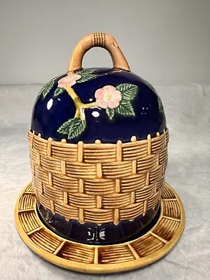 Majolica Zrike Basketweave Floral Cheese Dome W/Plate Pink White Tan Cobalt Blue • $85