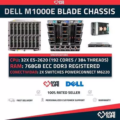 DELL M1000e Blade + 16 X M620 768GB RAM 192Cores/384Threads + 2X M6220 • $1876.05