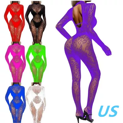 US Women's Fishnet Bodystocking Jumpsuit Catsuit Long Sleeve Bodysuit Nightwear • $7.89