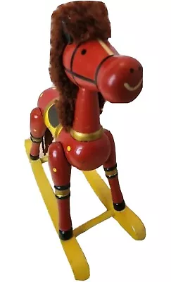 Vintage 10.5in Russ Red & Yellow Wooden Rocking Horse With Yarn Mane And Tail • $17.99