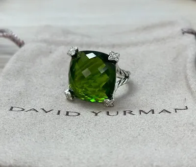 David Yurman Sterling Silver 20mm Cushion On Point Ring Peridot Diamond 8.5 • $199