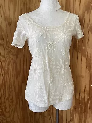 Zara Basic Cream Foral Lace Sheer Blouse Short Sleeves Size Small Crew Neck • $9.99