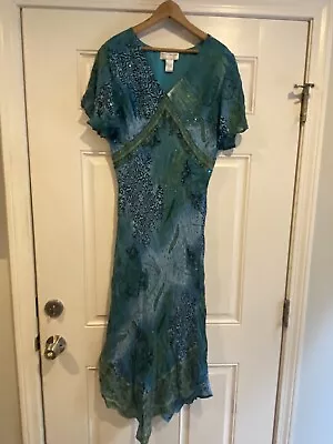 MORNINGSIDE  Vintage Sequin Dress Sz Large Green Blue  Asymmetric Hem E-10 • $26.18