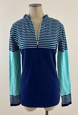TITLE NINE Womens Medium Aqua Blue Striped 1/4 ZIp Long Sleeve Sweater Hoodie • $22.49