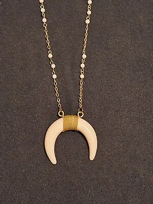 Vintage Gold Tone Horn Shaped Pendant Statement Necklace White Beaded • $7.99