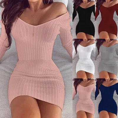 Womens Off Shoulder Long Sleeve Bodycon Party Slim Fit Ribbed Jumper Mini Dress • £5.49