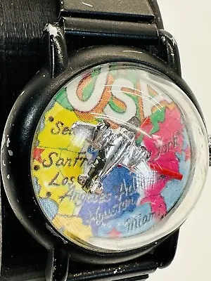 Working 80’s Bubble Glass Out Of Time Wind Up Watch USA Map Moving Airplane G5 • $41.31