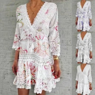 $19.99 • Buy Women Floral Solid Boho V-neck Loose 3/4 Sleeve Lace Beach Short Hollow Dress