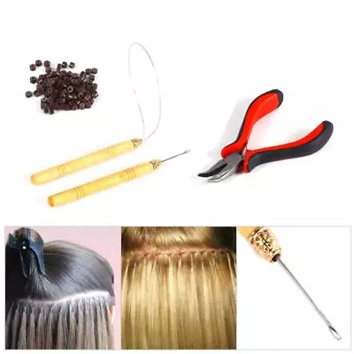 For Micro Rings Hook Pliers Tool Kit W/ 100pcs Silicone Beads Hair Extensions • £7.61