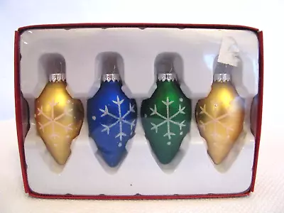 NWOT Pkg Of 4 Glass Mini Long Ornaments W/ Snowflakes 2 Gold Green Blue • $4.99