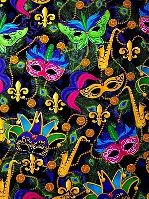 Fat Quarter ~PCQ MARDI GRAS Mask Beads Horns (18”x21”)100% Cotton Fabric • $6.95