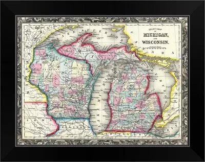 County Map Of Michigan And Wisconsin Black Framed Wall Art Print Map Home Decor • $54.99