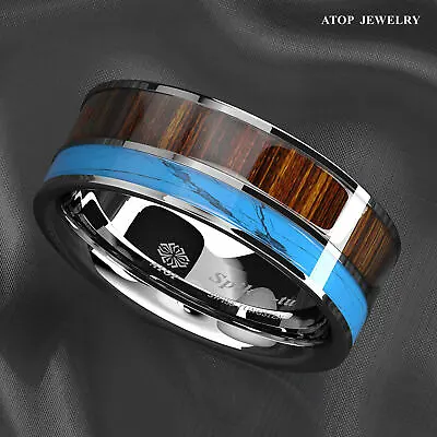 8mm Tungsten Men's Ring Silver Turquoise & Koa Wood Wedding Band ATOP Jewelry • $14.99
