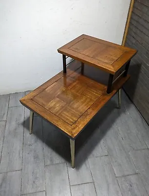 RARE Vintage 1957 Lane Mid Century Modern Atomic 2-Tier Step End Table Parquet • $297