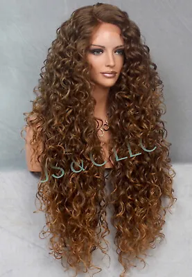 Human Hair Blend 40  Lace Front Wig Extra Long Brown Mix Heat OK Curly 4-27 DLH • $89.94