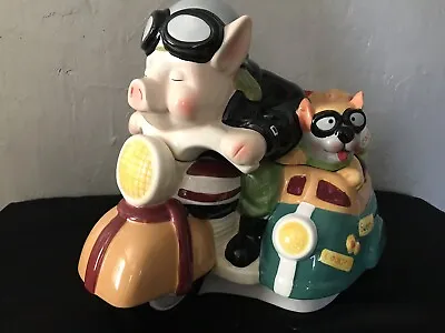 Piggy On Motorcycle And Side Car With Dog Ceramic Cookie Jar !0  X 11  • $32.99