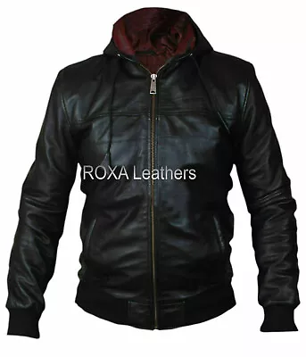 Men's Hooded Authentic Cowhide Pure Leather Jacket Black Bomber Motorcycle Coat • $115.19